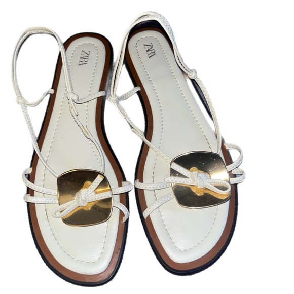 Zara White Sandals with Gold Buckle- - Picture 1 of 3